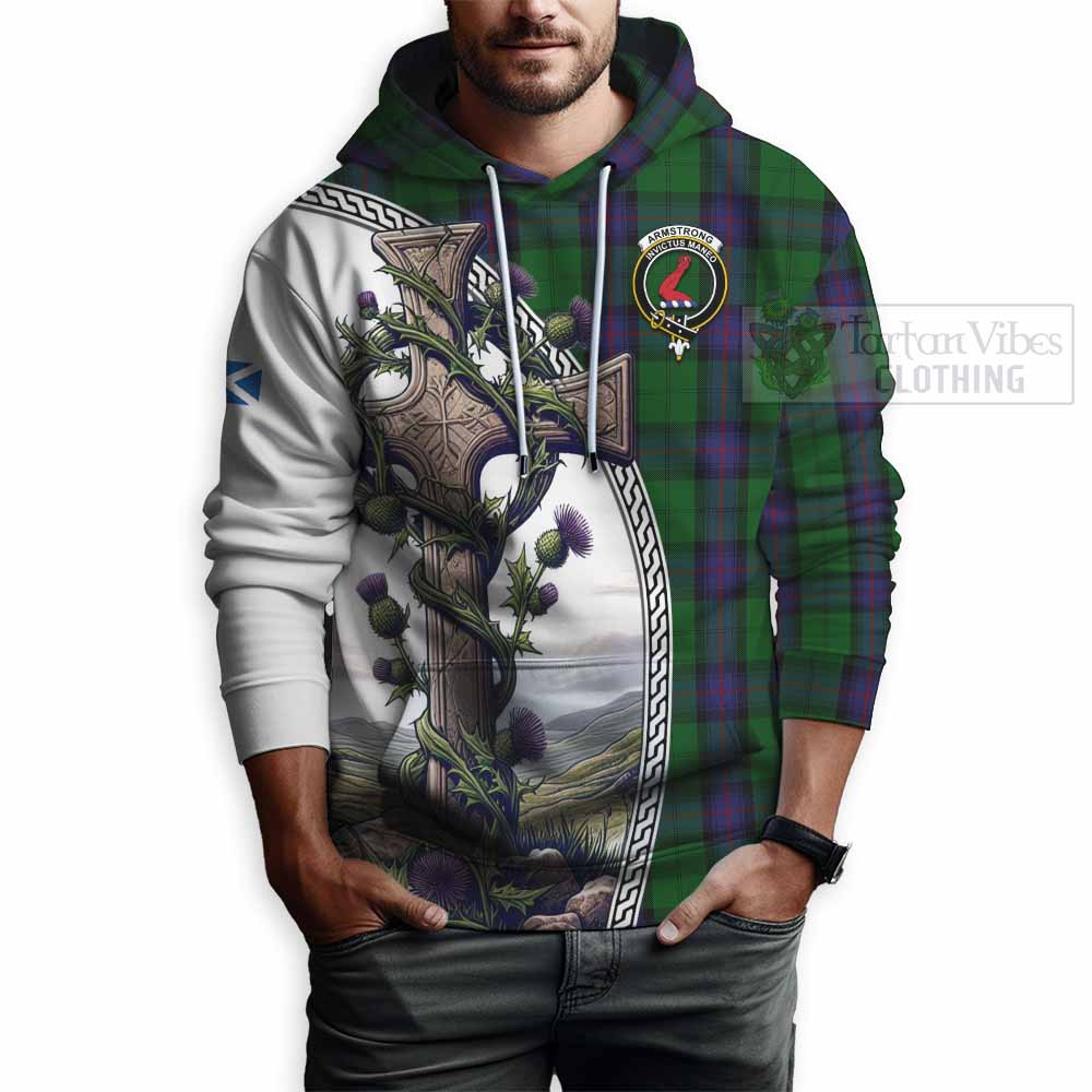 Tartan Vibes Clothing Armstrong Tartan Hoodie with Family Crest and St. Andrew's Cross Accented by Thistle Vines