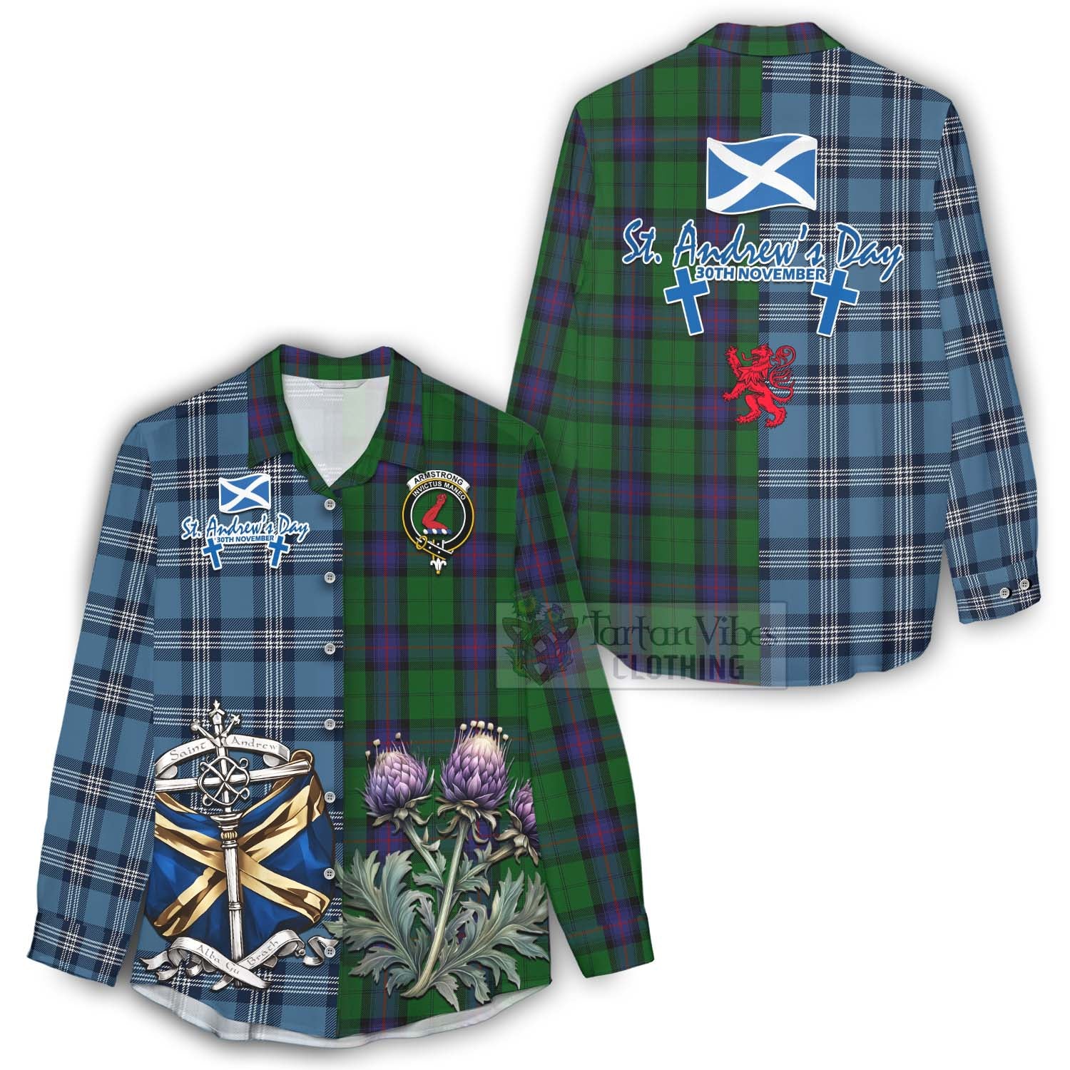 Tartan Vibes Clothing Armstrong Tartan Women's Casual Shirt Happy St. Andrew's Day Half Tartan Style