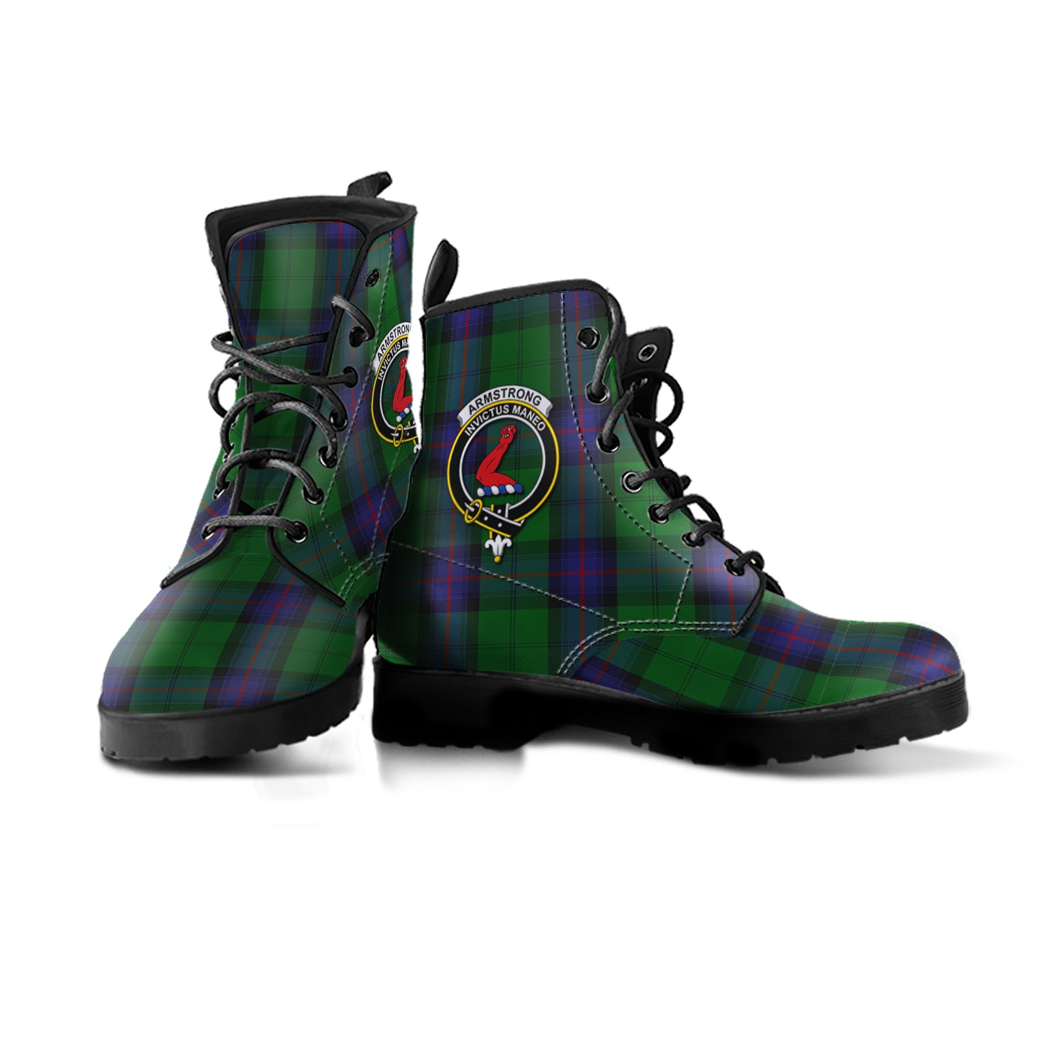 Armstrong Tartan Leather Boots with Family Crest - Tartanvibesclothing