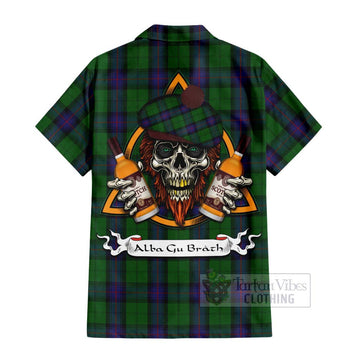Armstrong Tartan Hawaiian Shirt with Family Crest and Bearded Skull Holding Bottles of Whiskey