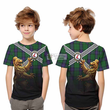 Tartan Vibes Clothing Armstrong Crest Tartan Kid T-Shirt with Golden Lion Emblem Celtic Style