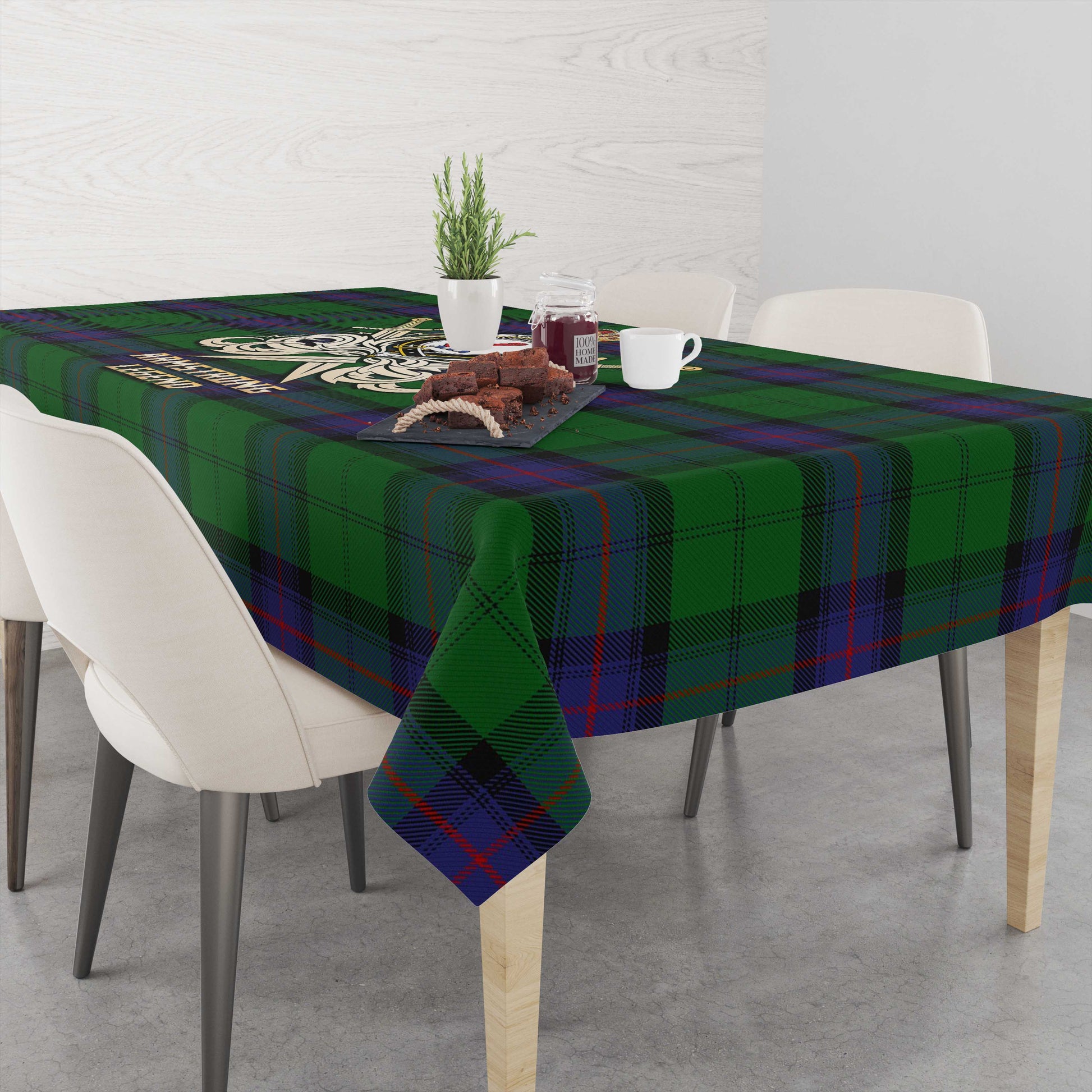 Tartan Vibes Clothing Armstrong Tartan Tablecloth with Clan Crest and the Golden Sword of Courageous Legacy
