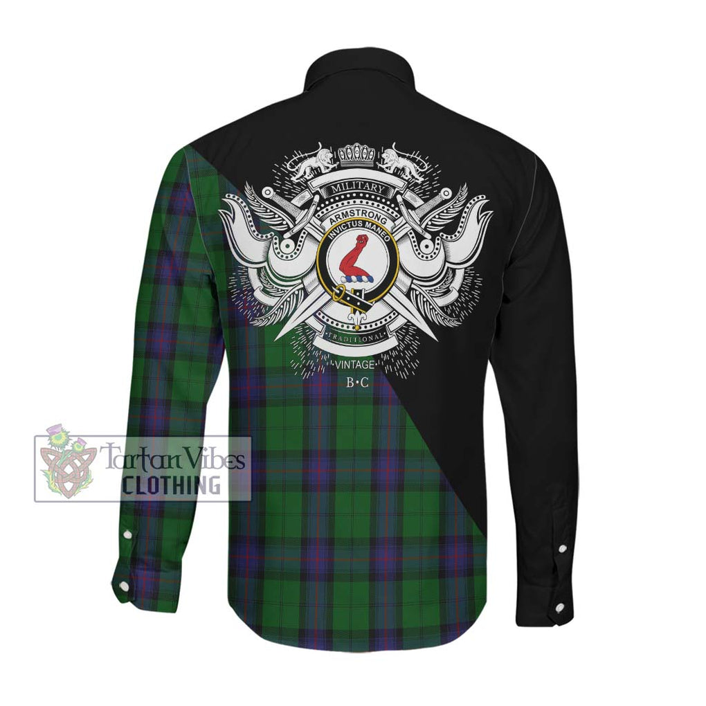 Armstrong Tartan Long Sleeve Button Shirt with Family Crest and Military Logo Style Men's Shirt - Tartanvibesclothing Shop