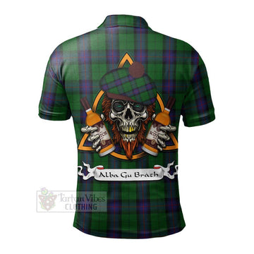 Tartan Vibes Clothing Armstrong Tartan Polo Shirt with Family Crest and Bearded Skull Holding Bottles of Whiskey