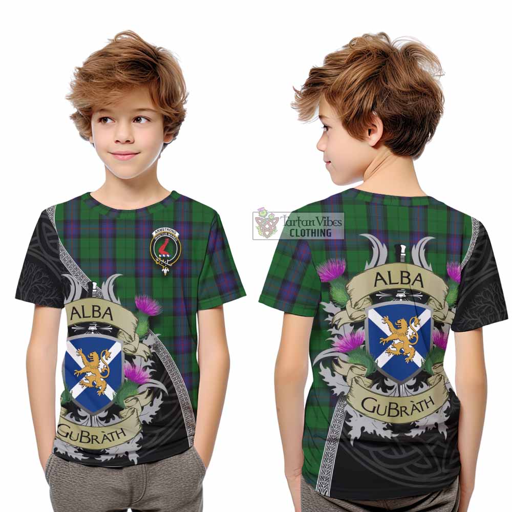 Tartan Vibes Clothing Armstrong Tartan Family Crest Kid T-Shirt Lion Rampant Royal Thistle Shield Celtic Inspired