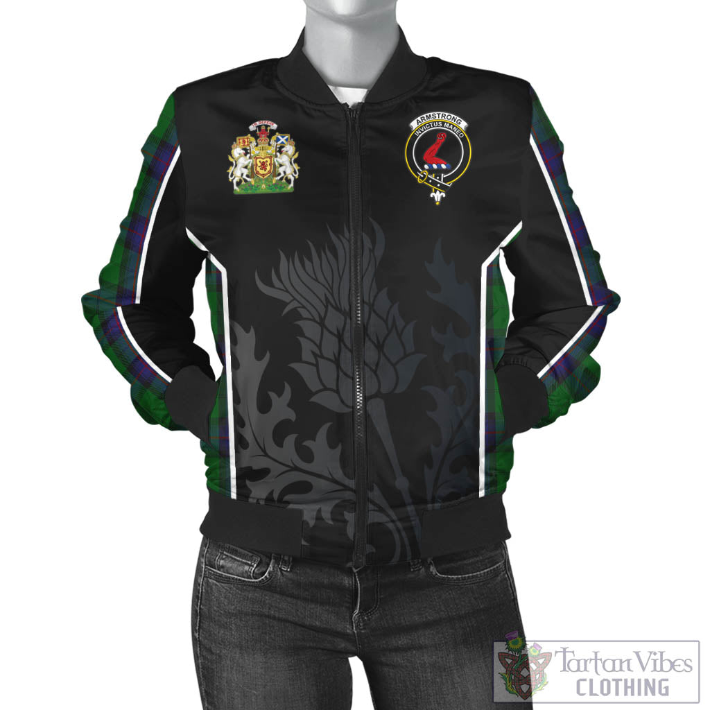 Tartan Vibes Clothing Armstrong Tartan Bomber Jacket with Family Crest and Scottish Thistle Vibes Sport Style