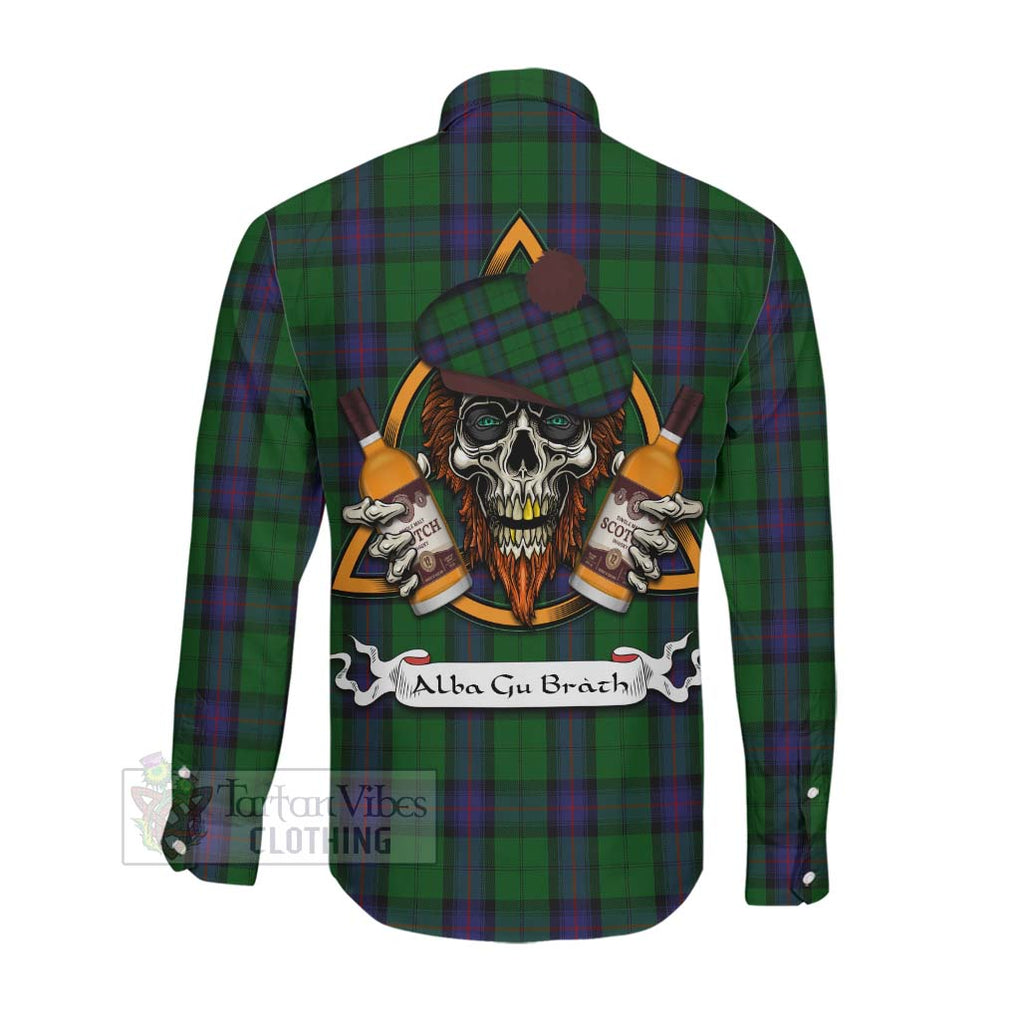 Tartan Vibes Clothing Armstrong Tartan Long Sleeve Button Shirt with Family Crest and Bearded Skull Holding Bottles of Whiskey