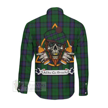 Armstrong Tartan Long Sleeve Button Shirt with Family Crest and Bearded Skull Holding Bottles of Whiskey