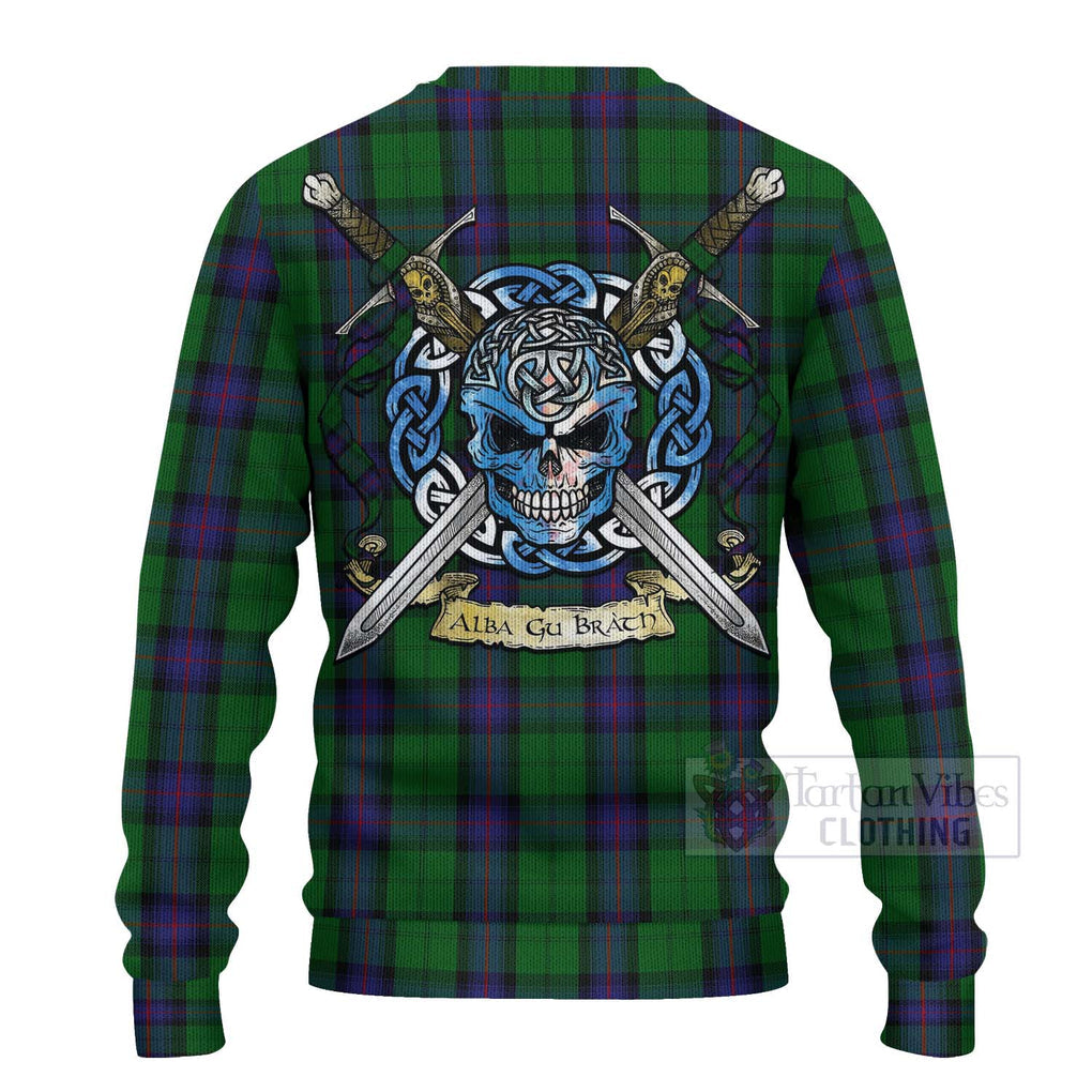 Tartan Vibes Clothing Armstrong Tartan Knitted Sweater with Family Crest Celtic Skull Style