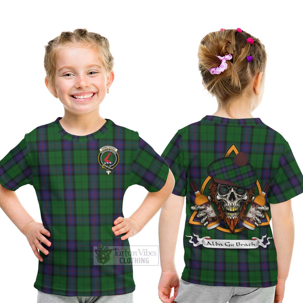 Tartan Vibes Clothing Armstrong Tartan Kid T-Shirt with Family Crest and Bearded Skull Holding Bottles of Whiskey