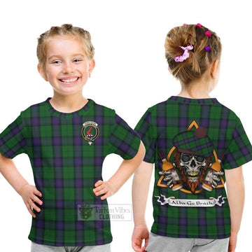 Tartan Vibes Clothing Armstrong Tartan Kid T-Shirt with Family Crest and Bearded Skull Holding Bottles of Whiskey