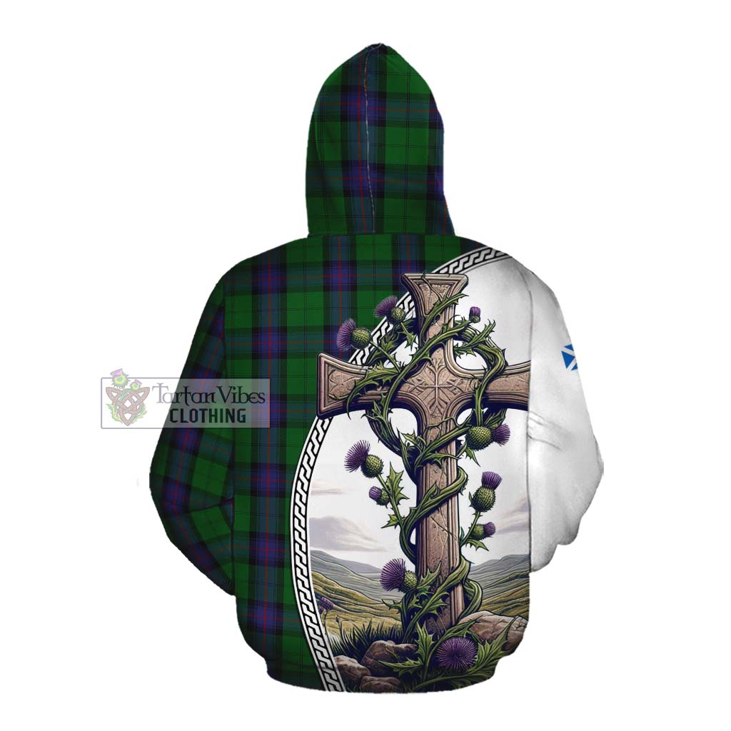 Tartan Vibes Clothing Armstrong Tartan Cotton Hoodie with Family Crest and St. Andrew's Cross Accented by Thistle Vines