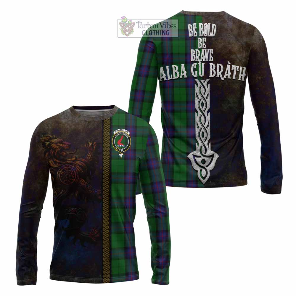 Tartan Vibes Clothing Armstrong Tartan Family Crest Long Sleeve T-Shirt Alba Gu Brath Be Brave Lion Ancient Style