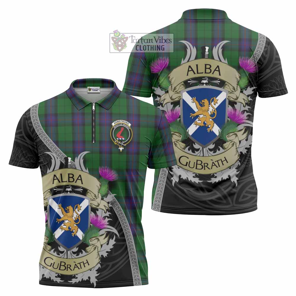 Tartan Vibes Clothing Armstrong Tartan Family Crest Zipper Polo Shirt Lion Rampant Royal Thistle Shield Celtic Inspired