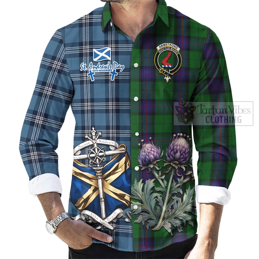 Tartan Vibes Clothing Armstrong Tartan Long Sleeve Button Shirt Happy St. Andrew's Day Half Tartan Style