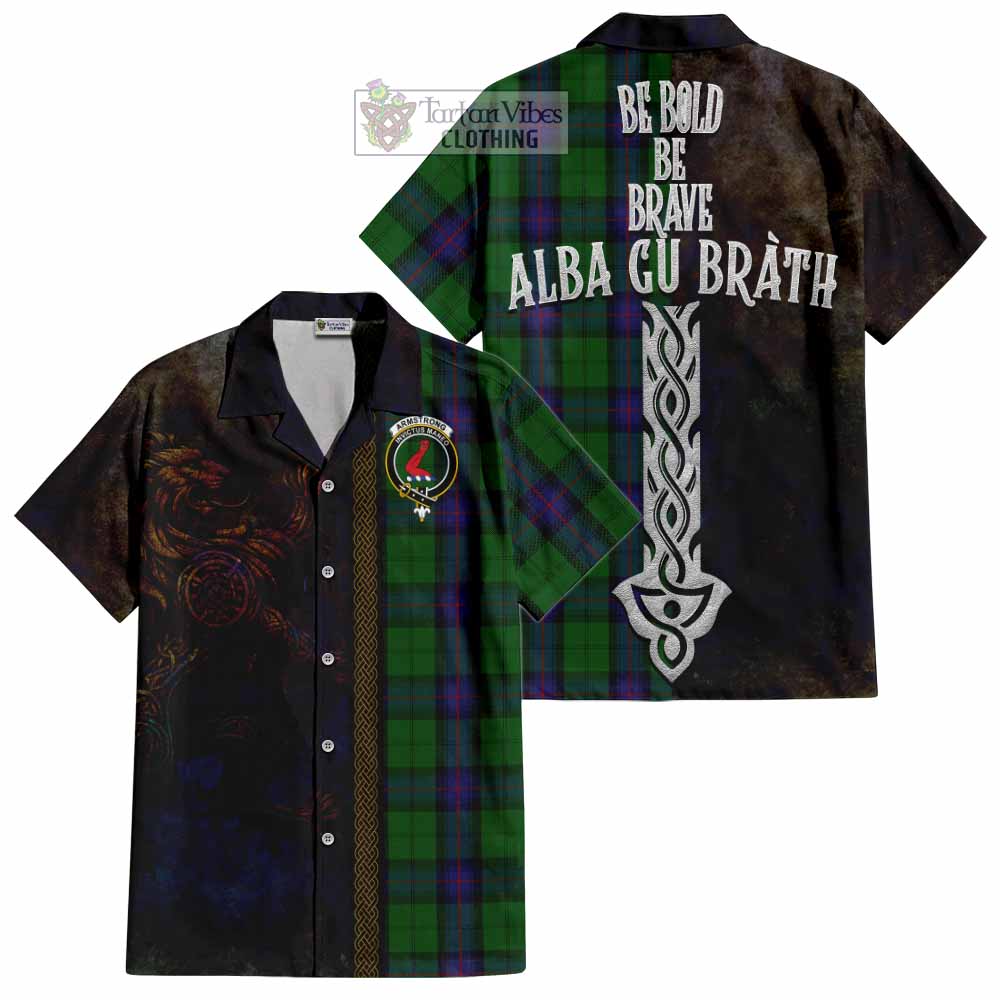 Tartan Vibes Clothing Armstrong Tartan Family Crest Short Sleeve Button Shirt Alba Gu Brath Be Brave Lion Ancient Style