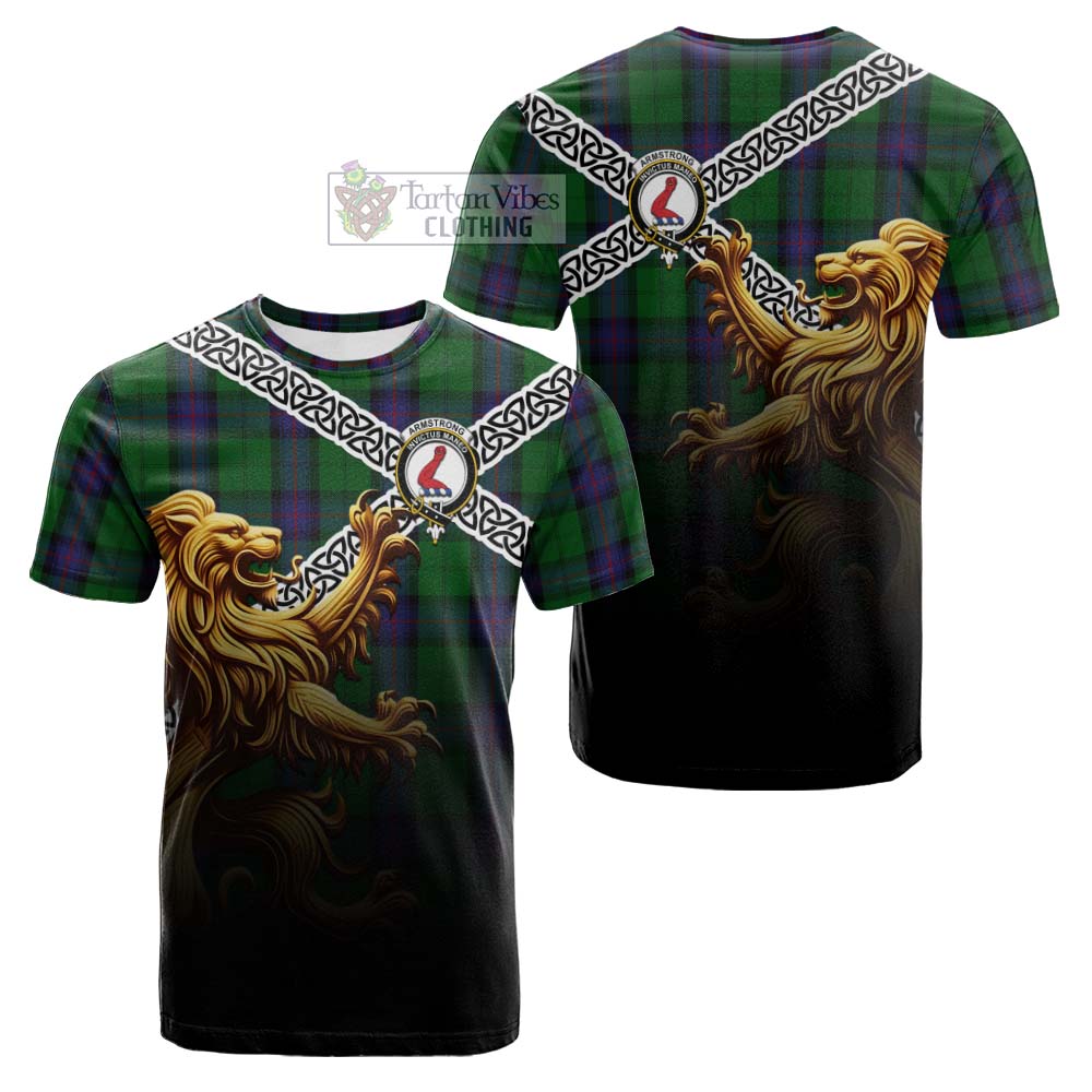 Tartan Vibes Clothing Armstrong Crest Tartan Cotton T-shirt with Golden Lion Emblem Celtic Style