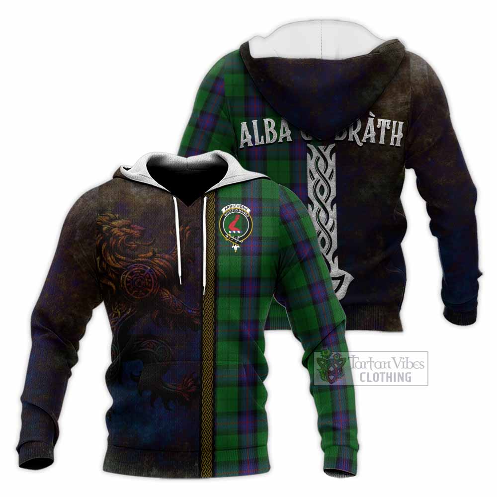 Tartan Vibes Clothing Armstrong Tartan Family Crest Knitted Hoodie Alba Gu Brath Be Brave Lion Ancient Style