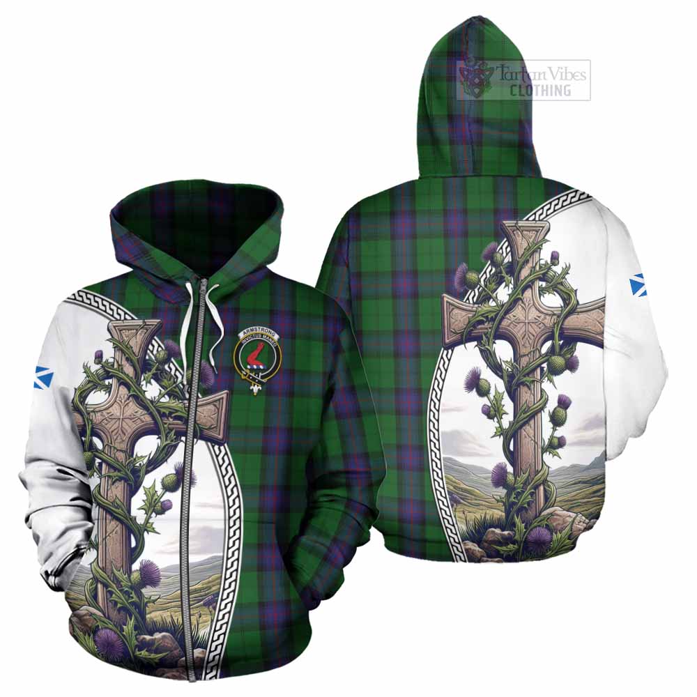 Tartan Vibes Clothing Armstrong Tartan Hoodie with Family Crest and St. Andrew's Cross Accented by Thistle Vines
