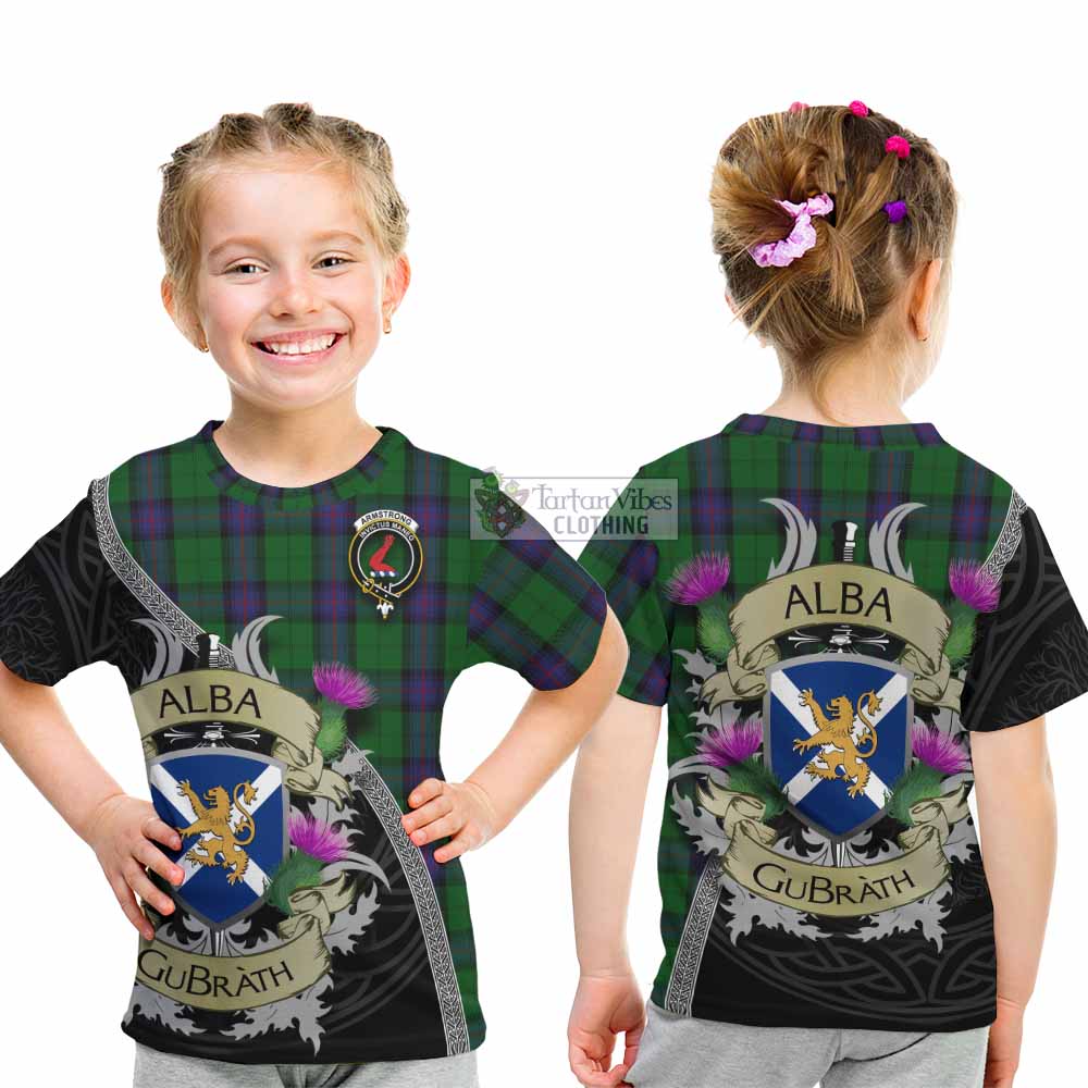Tartan Vibes Clothing Armstrong Tartan Family Crest Kid T-Shirt Lion Rampant Royal Thistle Shield Celtic Inspired