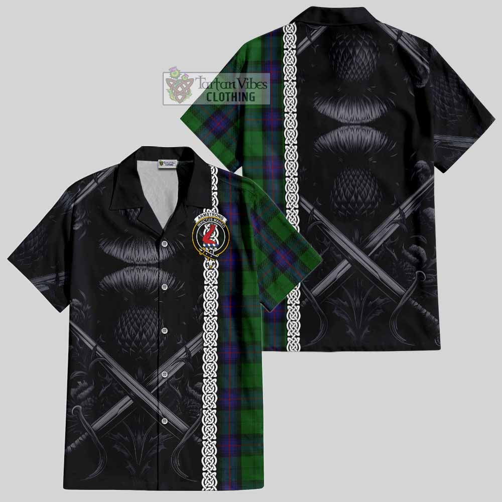 Tartan Vibes Clothing Armstrong Tartan Short Sleeve Button Shirt with Family Crest Cross Sword Thistle Celtic Vibes
