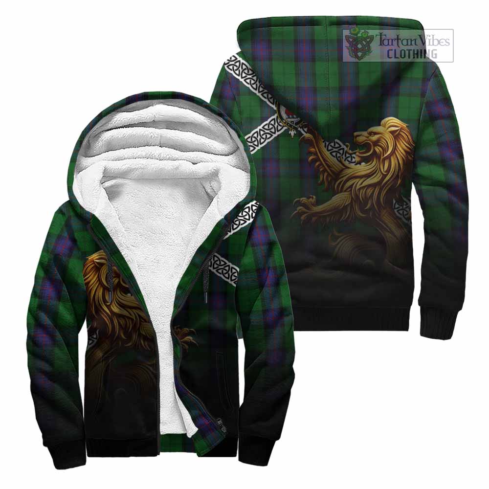 Tartan Vibes Clothing Armstrong Crest Tartan Sherpa Hoodie with Golden Lion Emblem Celtic Style