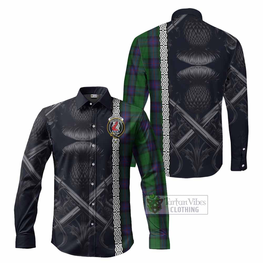 Tartan Vibes Clothing Armstrong Tartan Long Sleeve Button Shirt with Family Crest Cross Sword Thistle Celtic Vibes