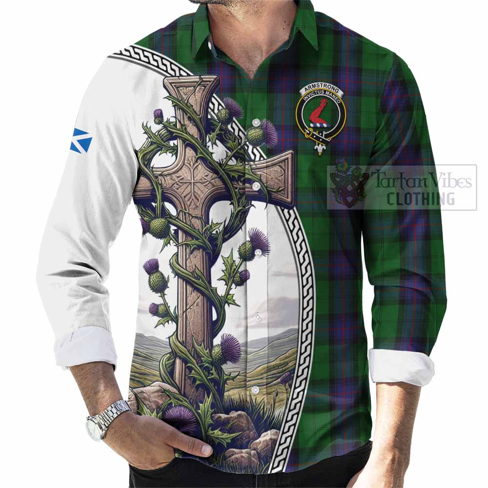Tartan Vibes Clothing Armstrong Tartan Long Sleeve Button Shirt with Family Crest and St. Andrew's Cross Accented by Thistle Vines