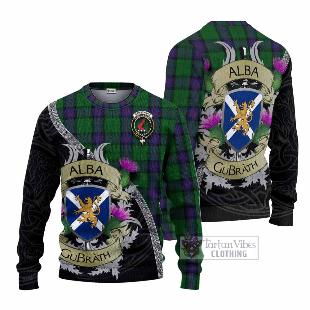 Tartan Vibes Clothing Armstrong Tartan Family Crest Knitted Sweater Lion Rampant Royal Thistle Shield Celtic Inspired