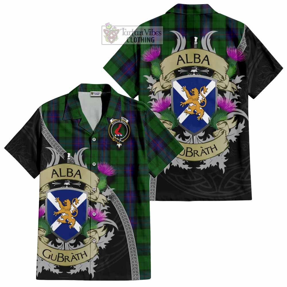 Tartan Vibes Clothing Armstrong Tartan Family Crest Short Sleeve Button Shirt Lion Rampant Royal Thistle Shield Celtic Inspired