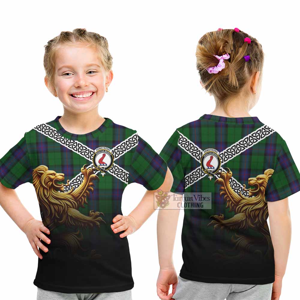 Tartan Vibes Clothing Armstrong Crest Tartan Kid T-Shirt with Golden Lion Emblem Celtic Style
