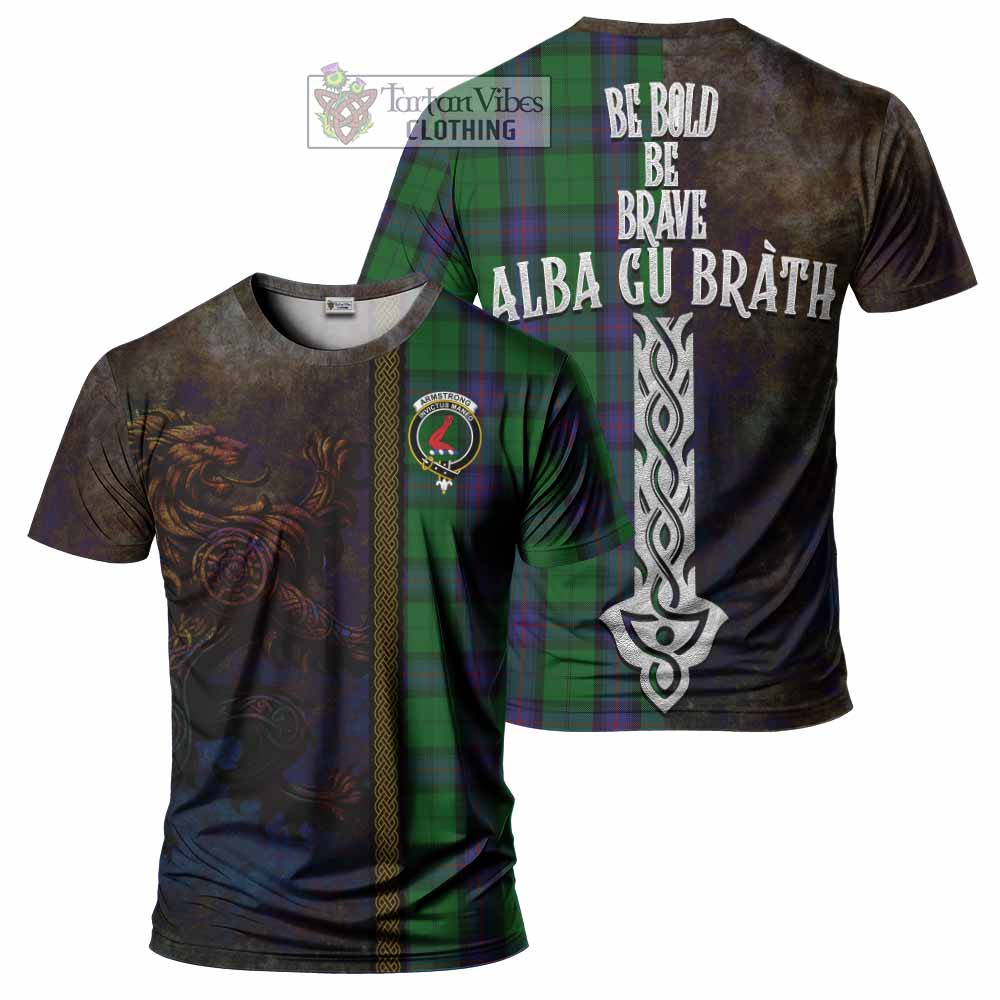 Tartan Vibes Clothing Armstrong Tartan Family Crest T-Shirt Alba Gu Brath Be Brave Lion Ancient Style
