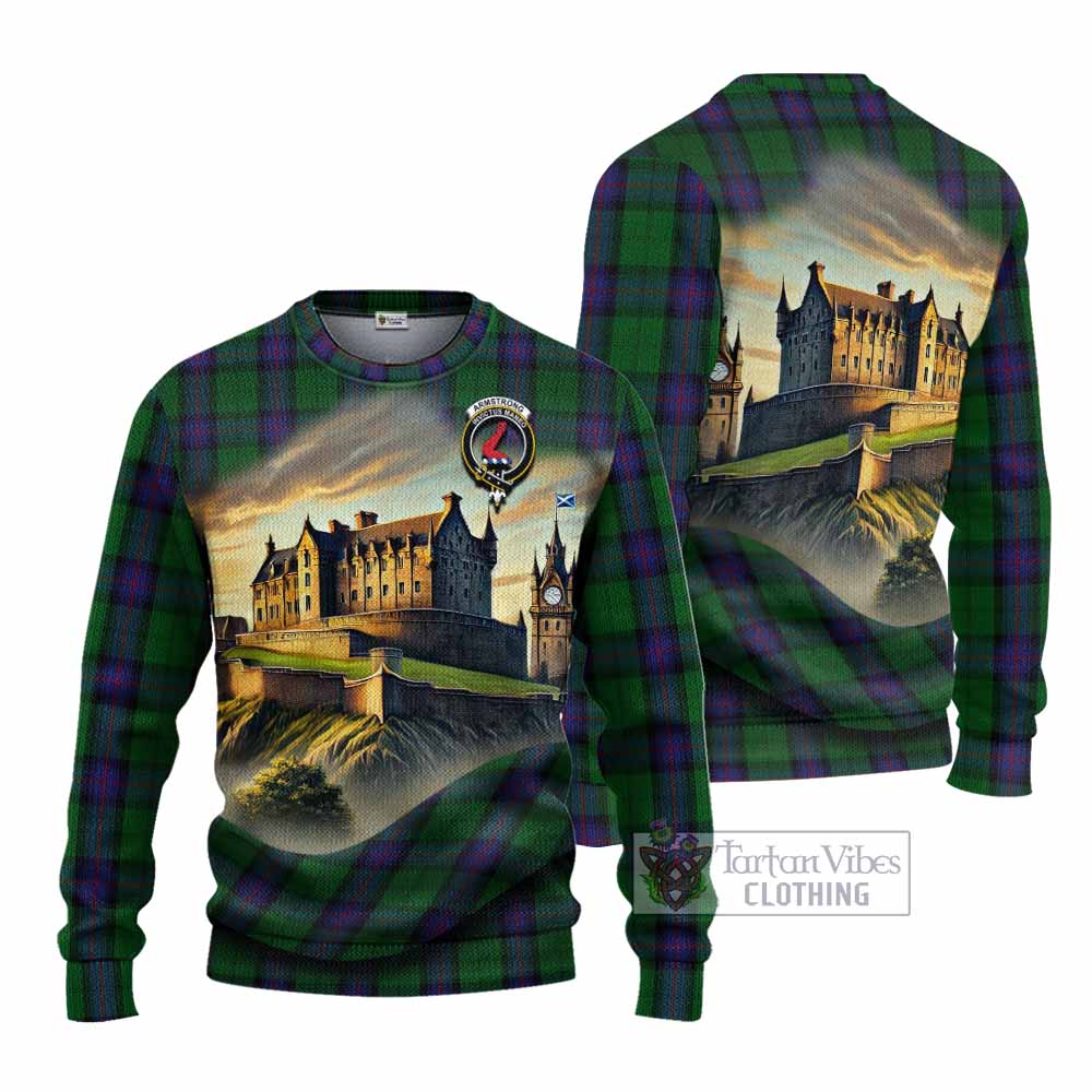 Tartan Vibes Clothing Armstrong Tartan Family Crest Knitted Sweater with Scottish Ancient Castle Style