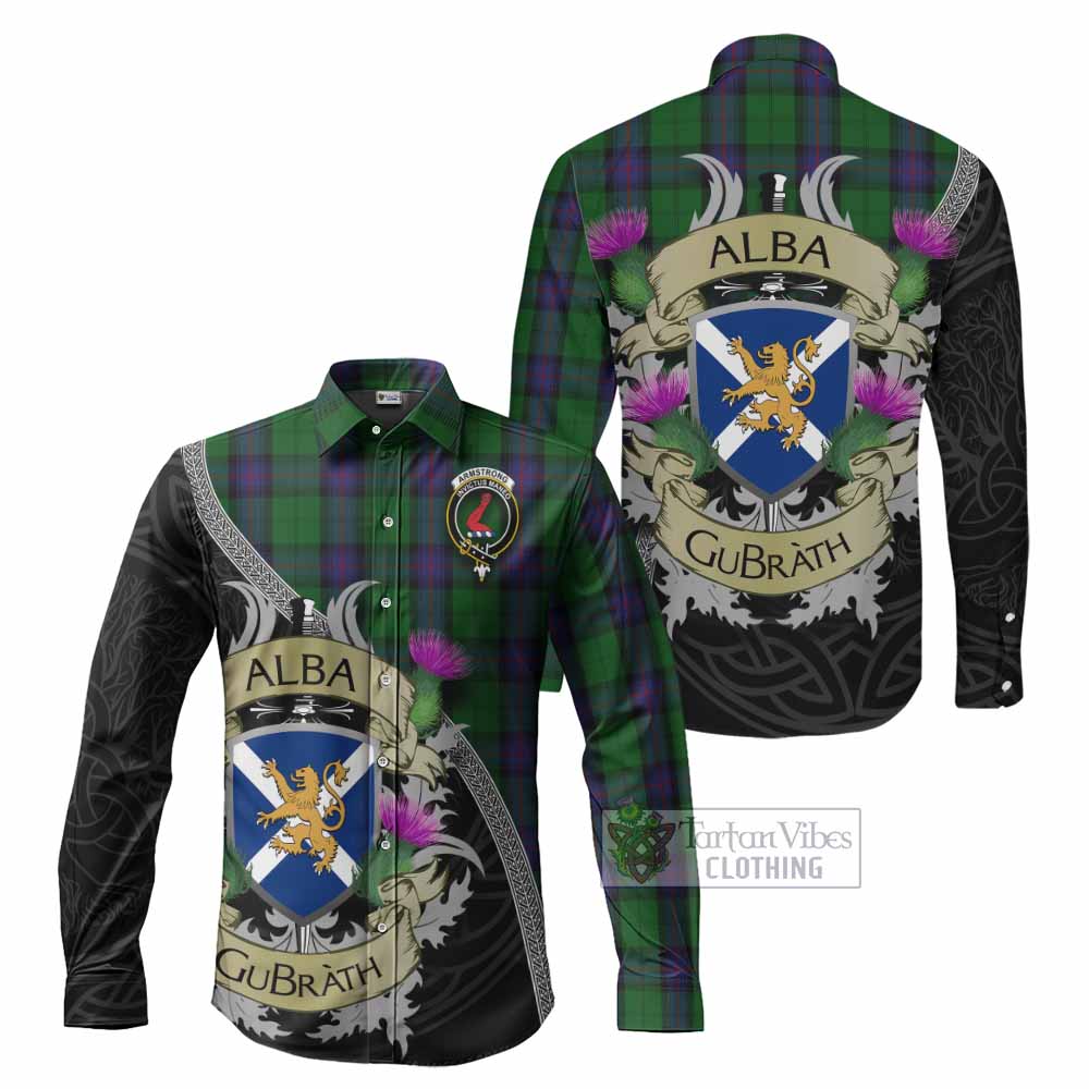 Tartan Vibes Clothing Armstrong Tartan Family Crest Long Sleeve Button Shirt Lion Rampant Royal Thistle Shield Celtic Inspired