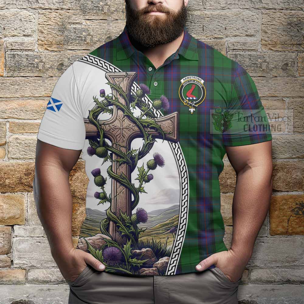Tartan Vibes Clothing Armstrong Tartan Polo Shirt with Family Crest and St. Andrew's Cross Accented by Thistle Vines