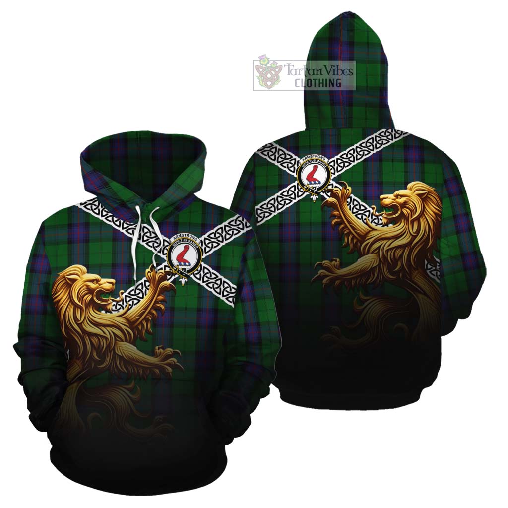 Tartan Vibes Clothing Armstrong Crest Tartan Cotton Hoodie with Golden Lion Emblem Celtic Style