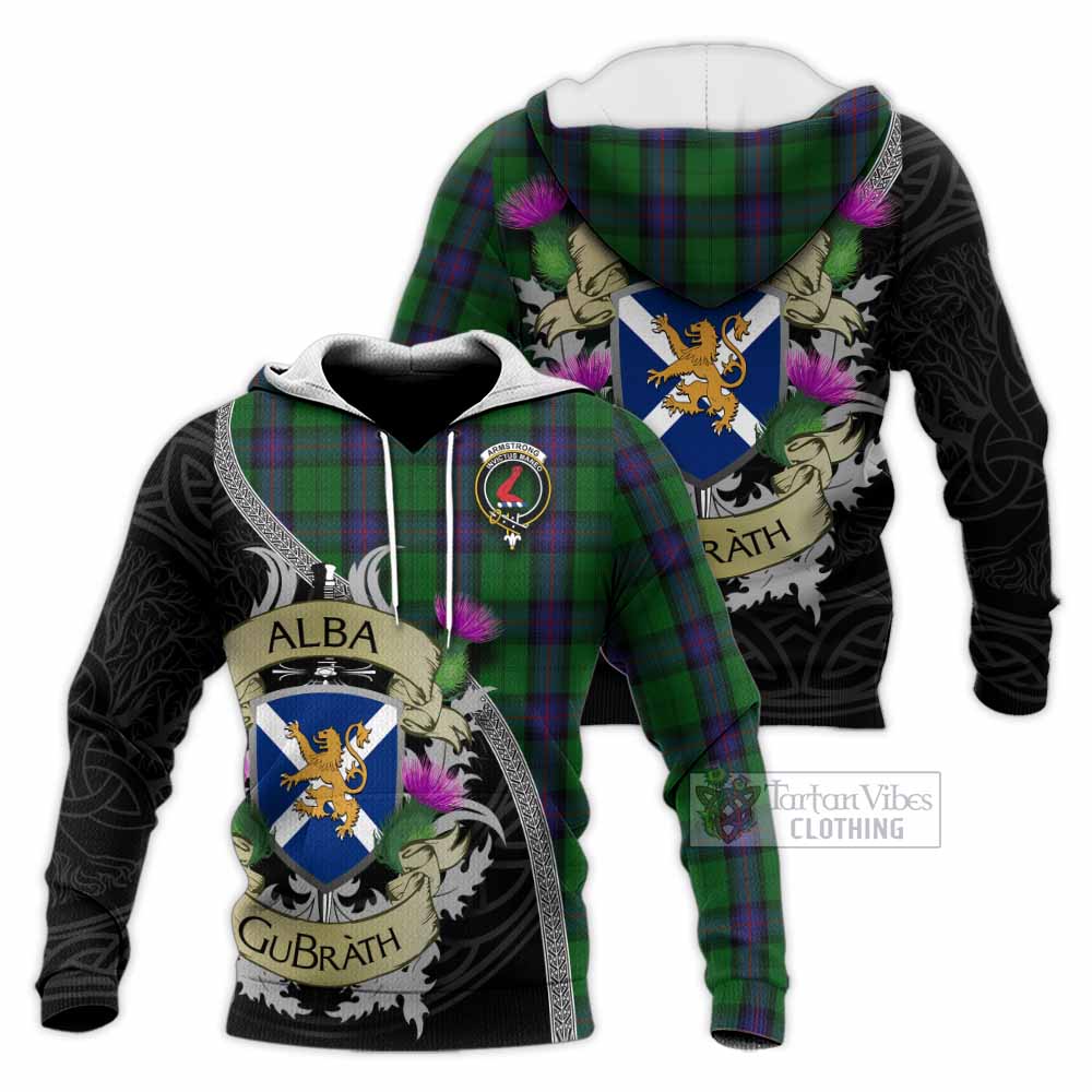 Tartan Vibes Clothing Armstrong Tartan Family Crest Knitted Hoodie Lion Rampant Royal Thistle Shield Celtic Inspired