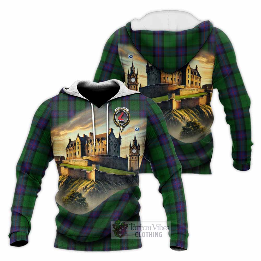 Tartan Vibes Clothing Armstrong Tartan Family Crest Knitted Hoodie with Scottish Ancient Castle Style