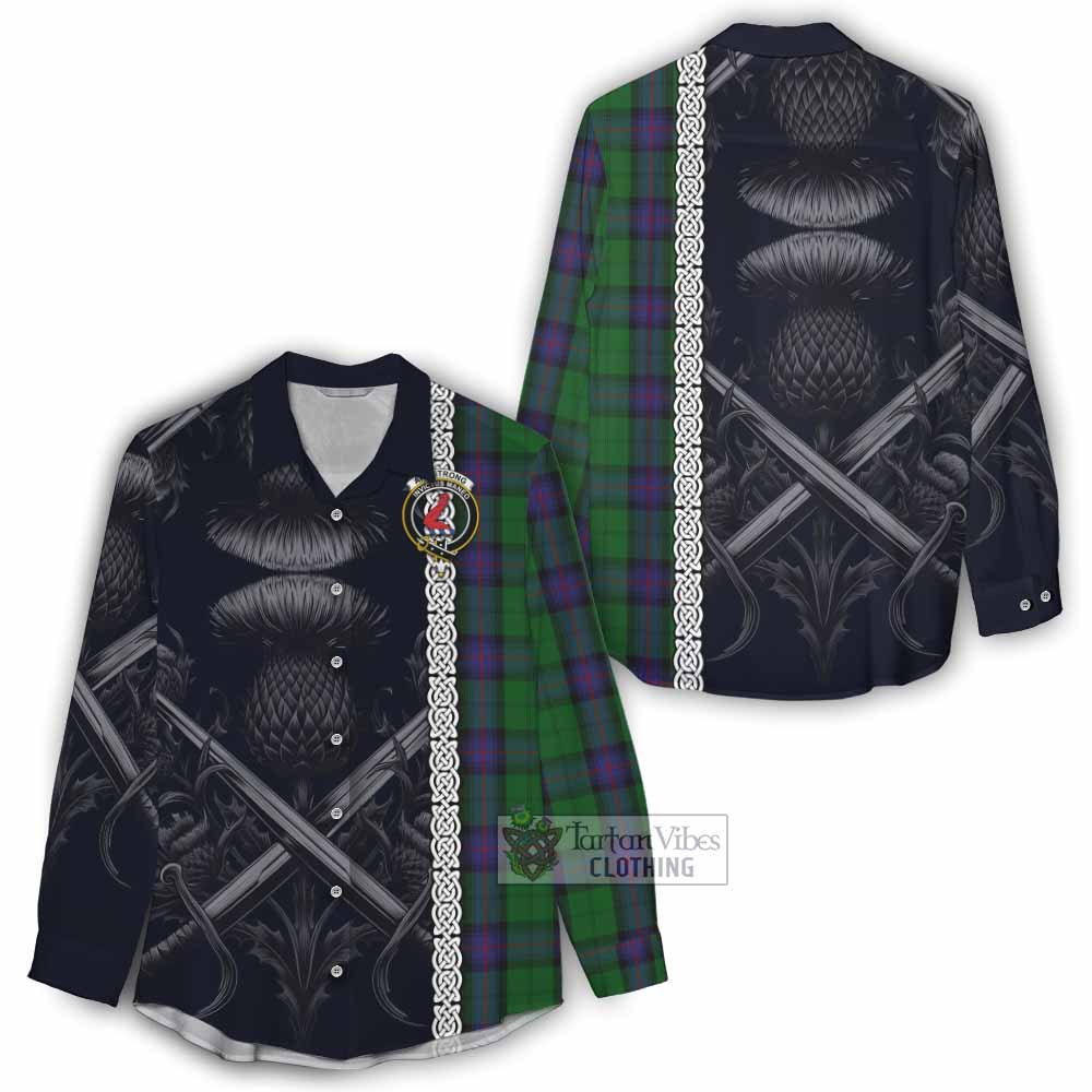 Tartan Vibes Clothing Armstrong Tartan Women's Casual Shirt with Family Crest Cross Sword Thistle Celtic Vibes
