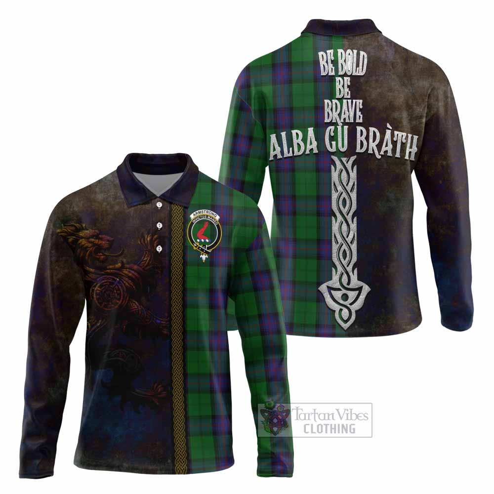 Tartan Vibes Clothing Armstrong Tartan Family Crest Long Sleeve Polo Shirt Alba Gu Brath Be Brave Lion Ancient Style