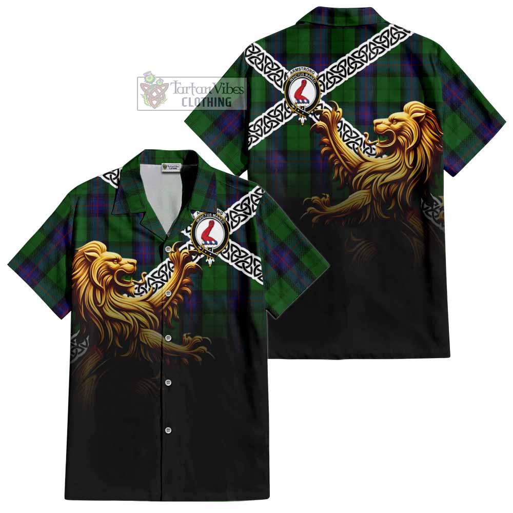 Tartan Vibes Clothing Armstrong Crest Tartan Short Sleeve Button Shirt with Golden Lion Emblem Celtic Style
