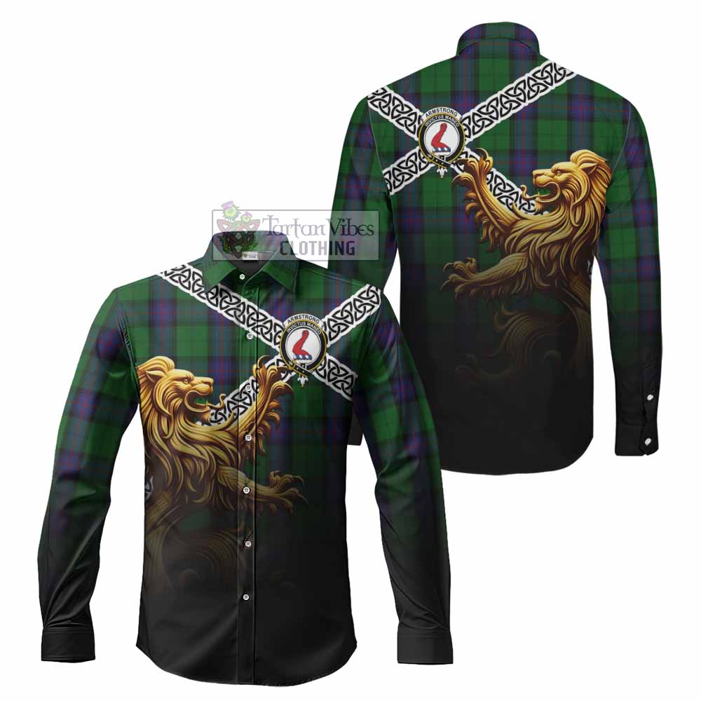 Tartan Vibes Clothing Armstrong Crest Tartan Long Sleeve Button Shirt with Golden Lion Emblem Celtic Style