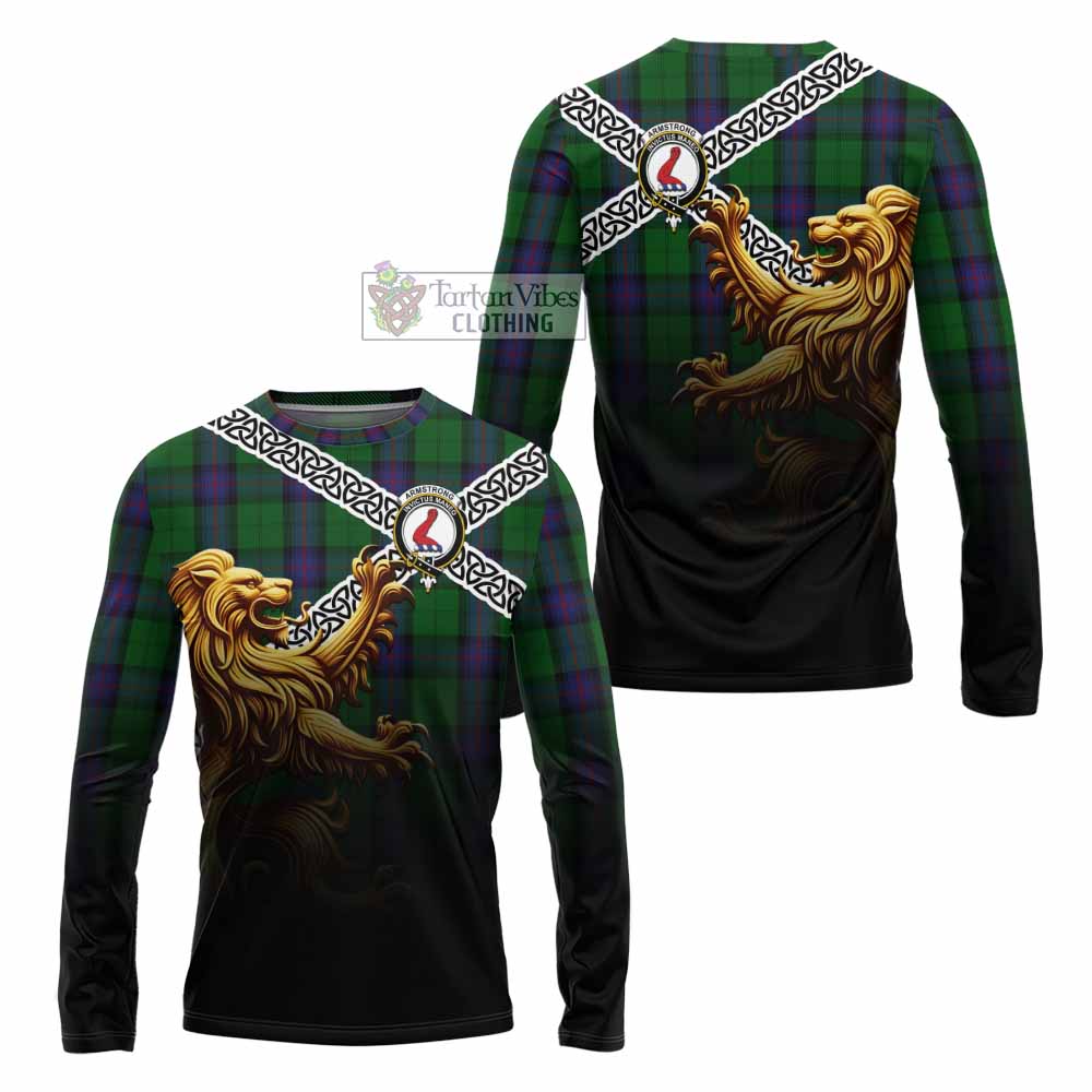 Tartan Vibes Clothing Armstrong Crest Tartan Long Sleeve T-Shirt with Golden Lion Emblem Celtic Style
