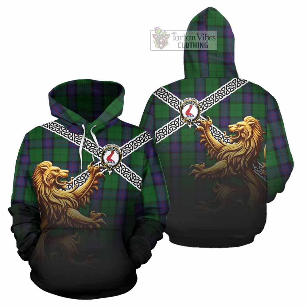 Tartan Vibes Clothing Armstrong Crest Tartan Hoodie with Golden Lion Emblem Celtic Style