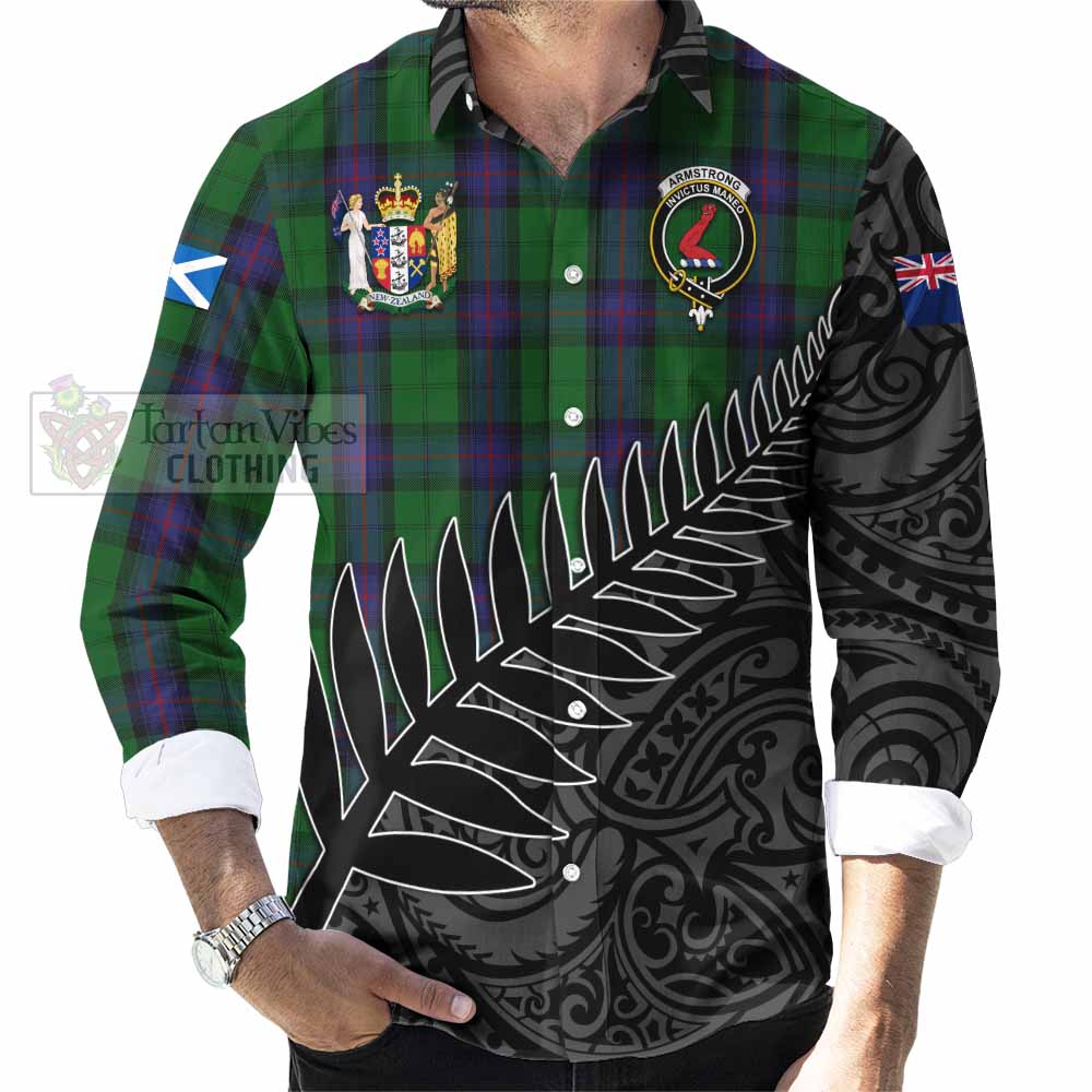 Tartan Vibes Clothing Armstrong Crest Tartan Long Sleeve Button Shirt with New Zealand Silver Fern Half Style
