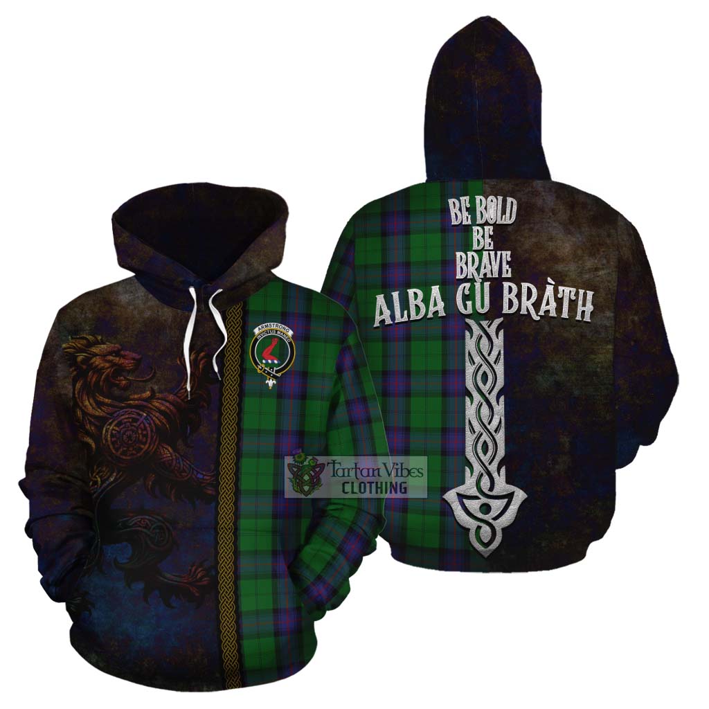 Tartan Vibes Clothing Armstrong Tartan Family Crest Cotton Hoodie Alba Gu Brath Be Brave Lion Ancient Style