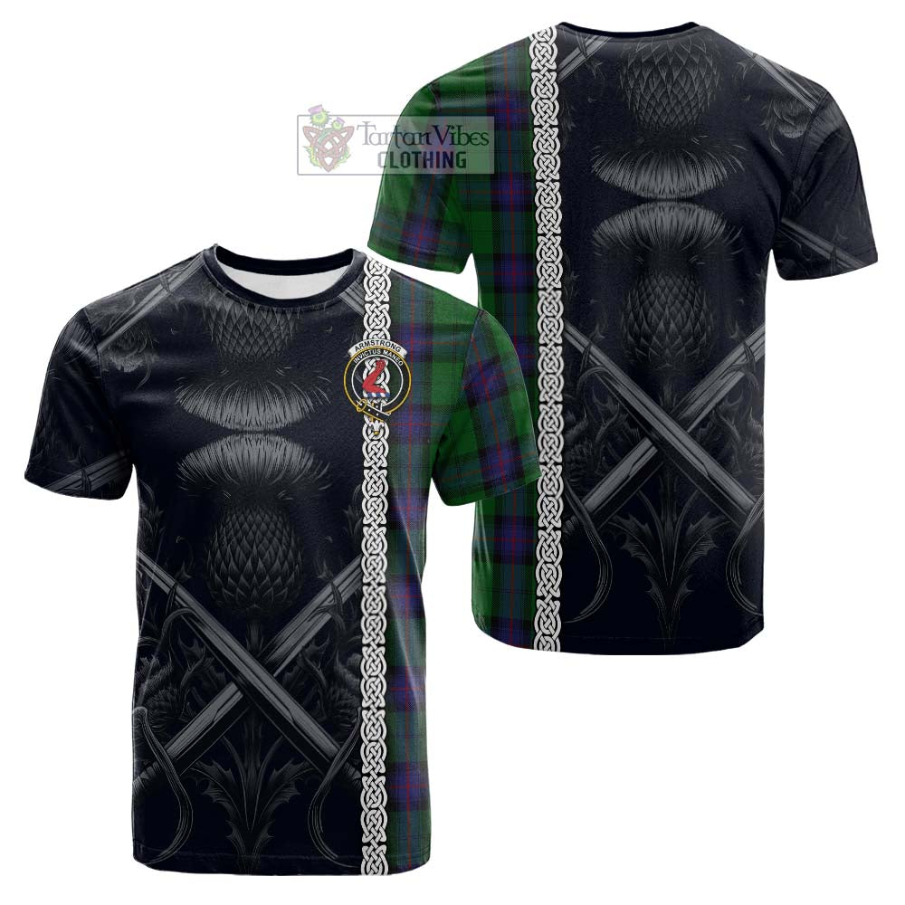 Tartan Vibes Clothing Armstrong Tartan Cotton T-shirt with Family Crest Cross Sword Thistle Celtic Vibes