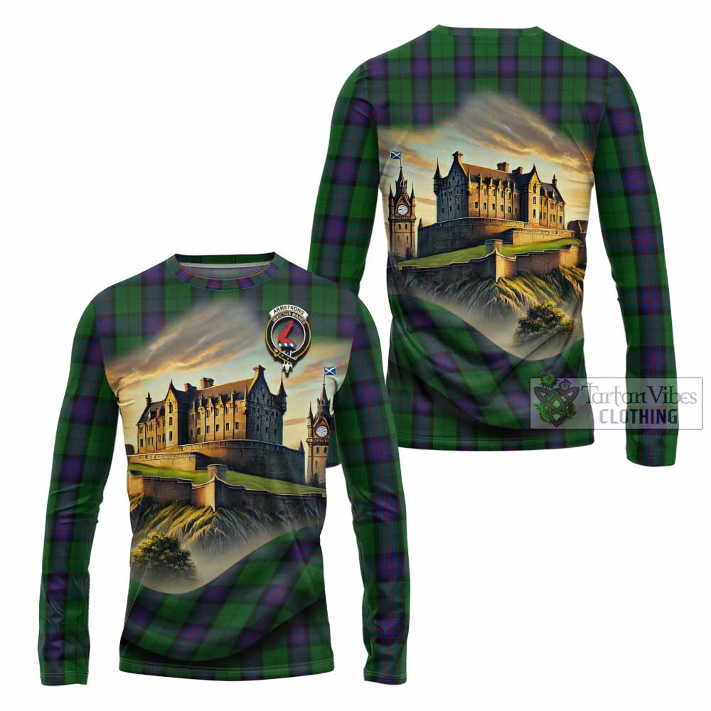 Tartan Vibes Clothing Armstrong Tartan Family Crest Long Sleeve T-Shirt with Scottish Ancient Castle Style