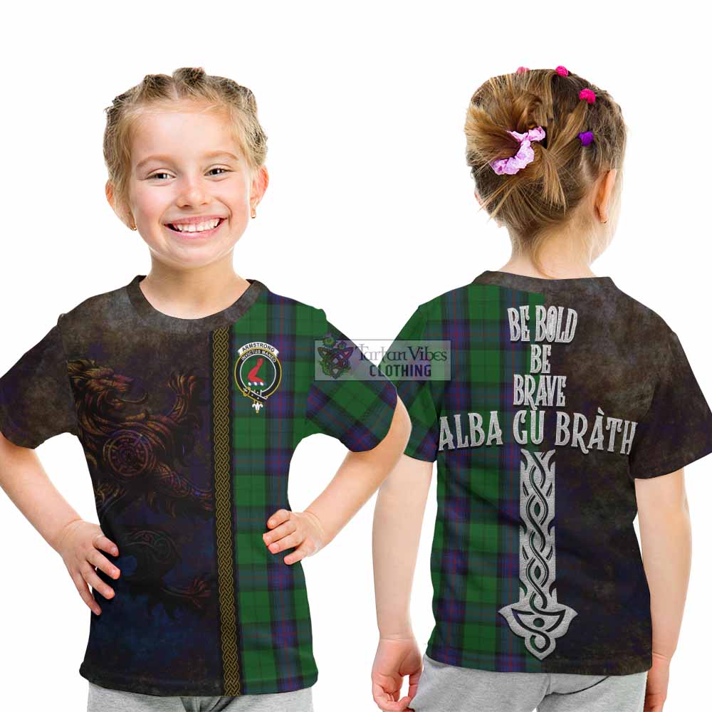 Tartan Vibes Clothing Armstrong Tartan Family Crest Kid T-Shirt Alba Gu Brath Be Brave Lion Ancient Style