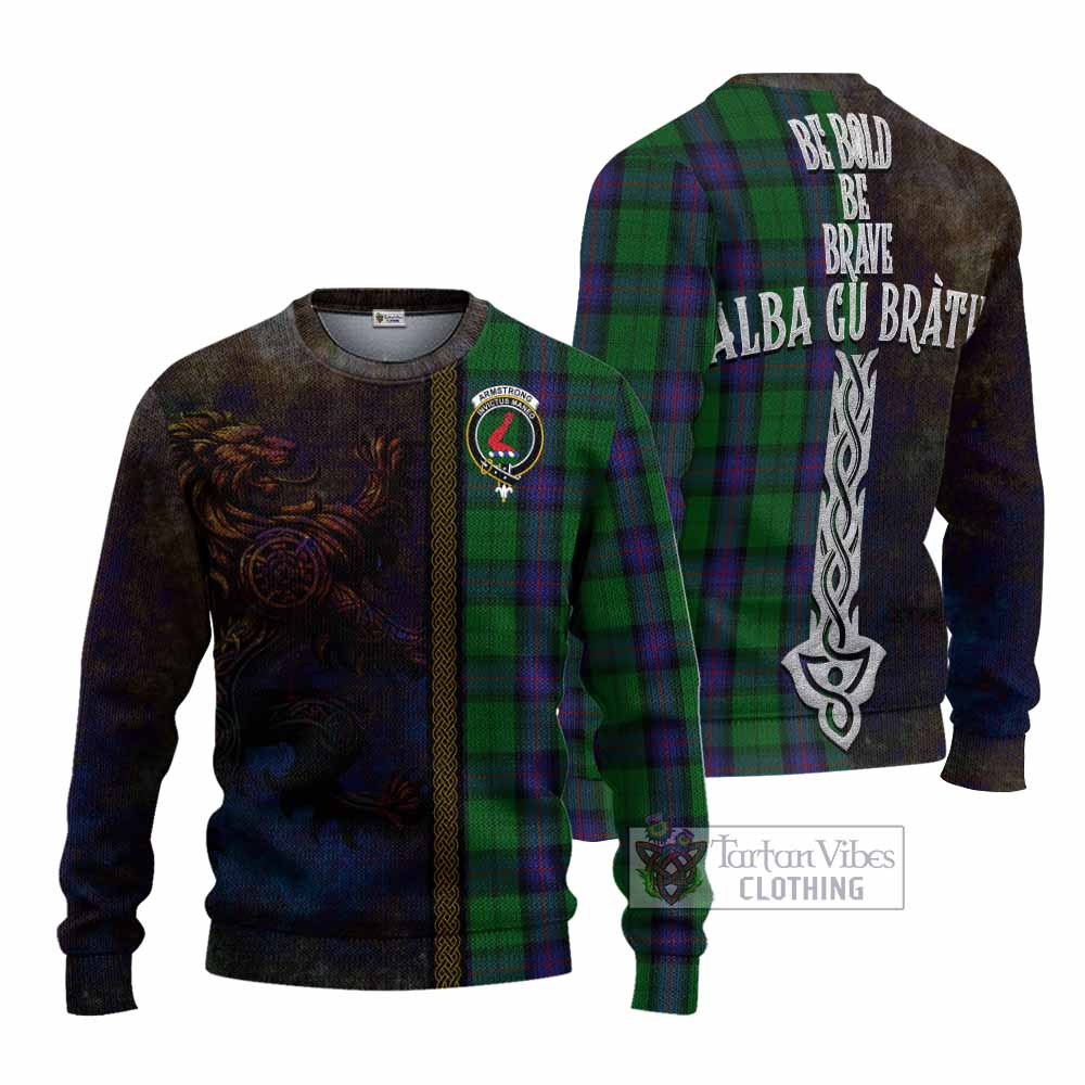Tartan Vibes Clothing Armstrong Tartan Family Crest Knitted Sweater Alba Gu Brath Be Brave Lion Ancient Style